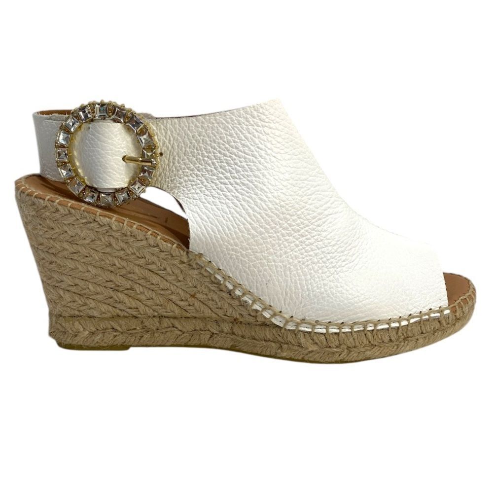 Maypol Wedge Espadrilles White Marbled Leather Gold Tone Rhinestone Buckle 39